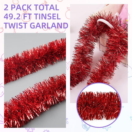 50 Feet Red Tinsel Garland Christmas Foil Tinsel Garland Decoration Metallic Banner Wall Hanging Tinsel Streamers Garland for Christmas Tree Birthday Party Decorations (3.54" x 50', Red)
