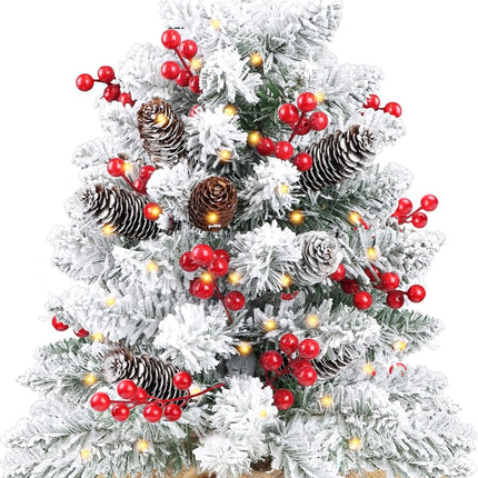 24 Inch Snow Flocked Pre-lit Christmas Tree Tabletop Decor with 50 Warm Lights Timer 8 Modes Battery Operated Artificial Small Christmas Tree 70 Red Berries Pinecones Christmas Decorations Home Indoor