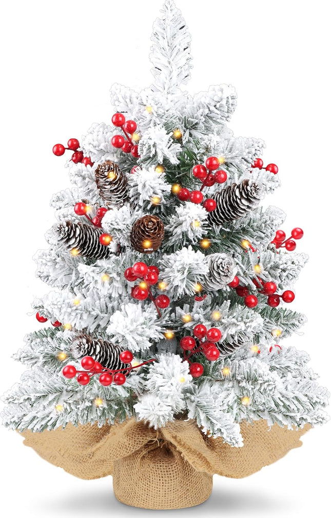 24 Inch Snow Flocked Pre-lit Christmas Tree Tabletop Decor with 50 Warm Lights Timer 8 Modes Battery Operated Artificial Small Christmas Tree 70 Red Berries Pinecones Christmas Decorations Home Indoor