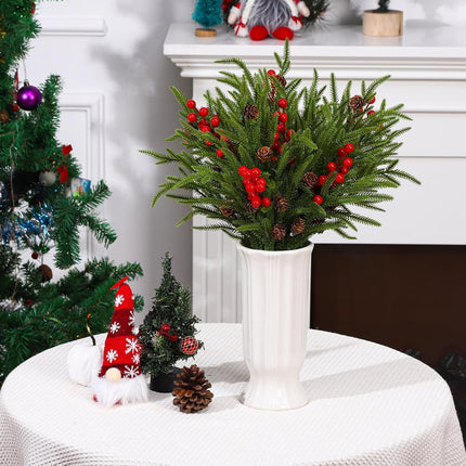 16 Pcs Christmas Norfolk Pine Branches with Red Berry Stems, Including 8 Pcs 18" Christmas Artificial Pine Branches 8 Pcs 8" Red Berry Stems for Xmas DIY Craft Outdoor