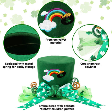 CiyvoLyeen St. Patrick Day Tree Topper Hat Large Green Velvet Hat Leprechaun Top Hat for Christmas Tree Decor Green Shamrock Bowknot Irish Home Decor Wreath Attachment Idea