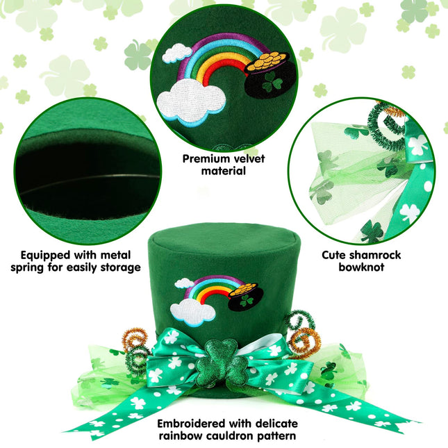 CiyvoLyeen St. Patrick Day Tree Topper Hat Large Green Velvet Hat Leprechaun Top Hat for Christmas Tree Decor Green Shamrock Bowknot Irish Home Decor Wreath Attachment Idea