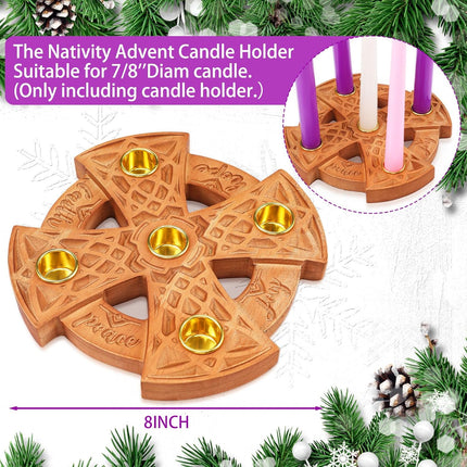 Nitial Advent Candle Holder for Christian Wood Nativity Ring Candle Holder with Metal Celtic Knot for Xmas Candles Centerpiece Decorations Religious