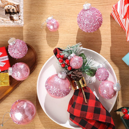 Civaner 24 Pcs Glitter Christmas Ball Ornaments Set 3.2'' 2.4'' 1.6'' Christmas Tree Ornaments Hanging Sequin Shatterproof Balls for Xmas Tree Wreath Garland Christmas Home Decor(Pink)