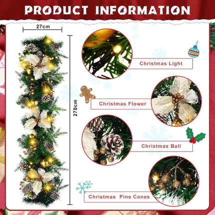 Meooeck 3 Sets 9 ft 150 LED Pre-Lit Artificial Christmas Garland with Gold Berries and Balls Pine Cone Flower and Battery Operated String Lights for Fireplace and Stair Railing,Total 27 ft