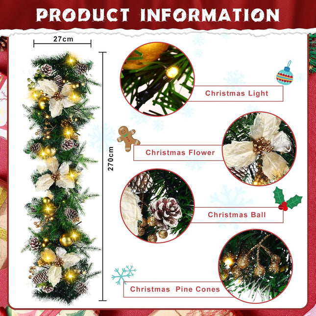 Meooeck 3 Sets 9 ft 150 LED Pre-Lit Artificial Christmas Garland with Gold Berries and Balls Pine Cone Flower and Battery Operated String Lights for Fireplace and Stair Railing,Total 27 ft