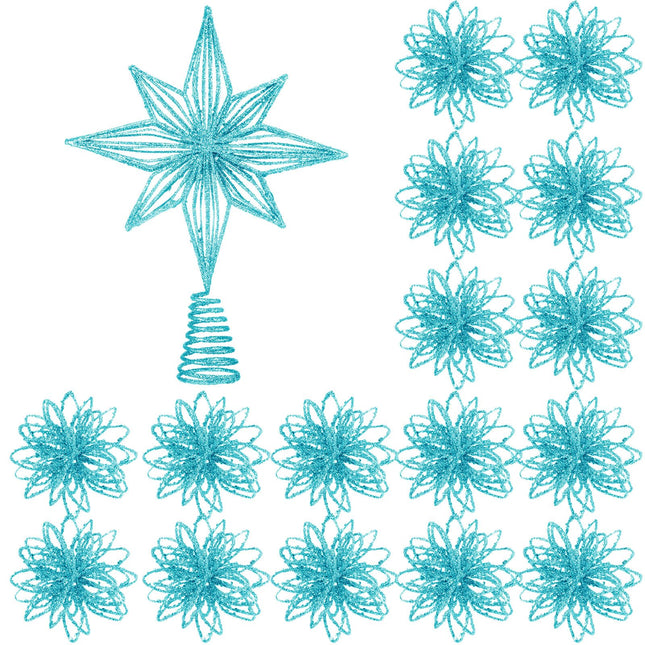 Barydat 17 Pcs Christmas Tree Decorations Set Glitter Star Christmas Tree Topper Metal Xmas Treetop with 16 Hanging Flower Christmas Balls Ornaments for Holiday Xmas Tree Party Decoration (Light Blue)