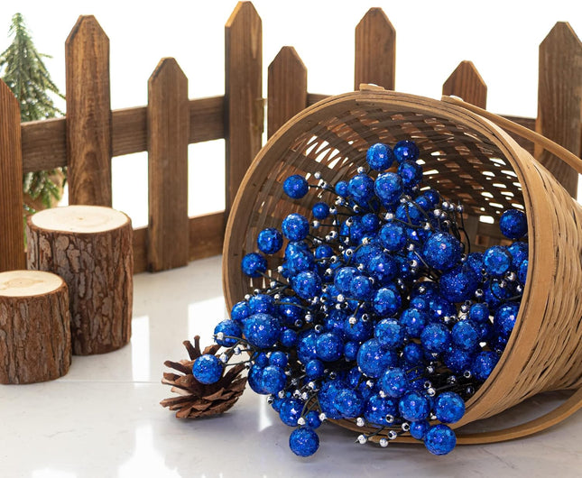 KI Store Blue Christmas Berry Picks Set of 9 Artificial Glittered Berries Stems Tree Ornaments for Patriotic Xmas Tree Wreath Garland Decor