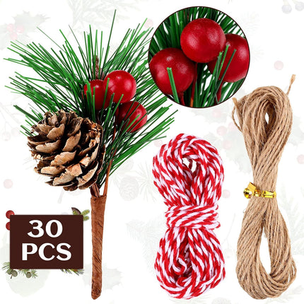 30 Pieces Christmas Artificial Pine Needle Artificial Pine Stems and 2 Pieces Hemp Rope for Xmas Party Wrapping Decor Wreaths Arrangement Tree Ornaments Wedding Supplies (Red)