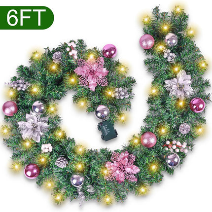 Christmas Garland with LED Lights, 6FT Mentle Garland with Pink Flower and Pine Cones for Christmas Decorations and Holiday Mantle Decor