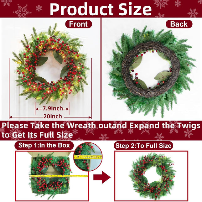 20 Inch Pre-Lit Christmas Wreath, Artificial Lighted Christmas Wreaths for Front Door Timer 8 Modes 30 Warm White & Multicolored Lights 4 Pine Cones 12 Red Berried Xmas Wreath for Home Wall Indoor
