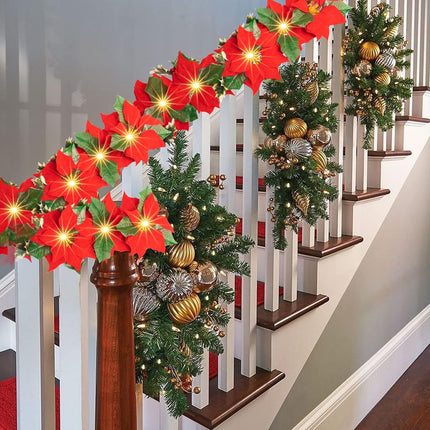Dazzle Bright 7 FT Christmas Poinsettia Flowers Garland Decorations, 10 LED Lighted Artificial Velvet String Lights with Red Berries Holly Leaves, Xmas Ornaments for Indoor Outdoor Fireplace Decor