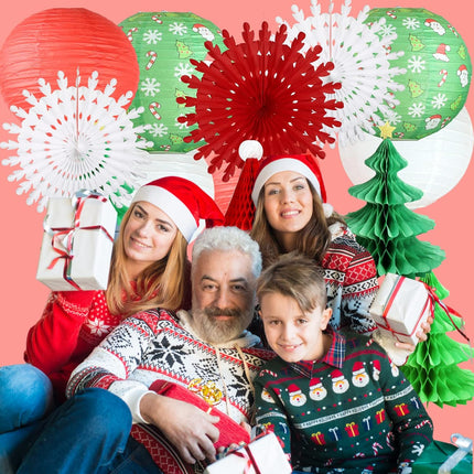UNIQOOO 14PCS Assorted 3D Christmas Honeycomb Paper Lantern Decoration Garland Set,Celling Hanging Tissue Pine Tree Star, Santa Hat,Snowflake Fan,Japanese Lanterns for Holiday XMAS Party Banner Supply