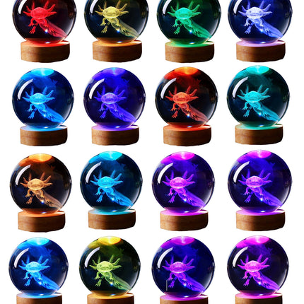axolotl lamp,3.15 inch 3D K9 Crystal Ball Axolotl Night Light with Wooden Base,16 colors change,remote control,color box,Birthday Christmas axolotl