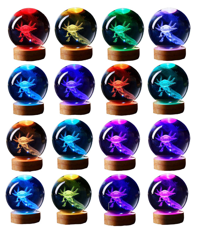 axolotl lamp,3.15 inch 3D K9 Crystal Ball Axolotl Night Light with Wooden Base,16 colors change,remote control,color box,Birthday Christmas axolotl