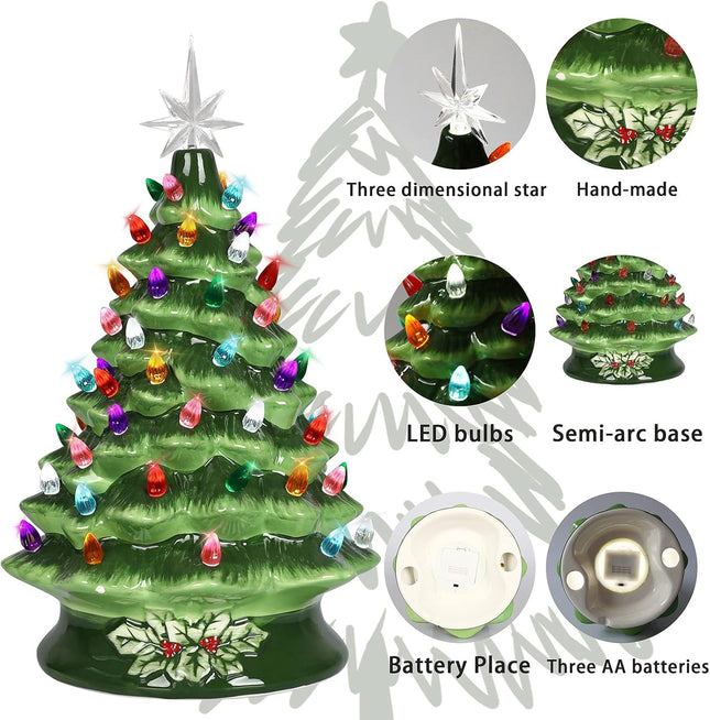 15-inch Vintage Ceramic Christmas Tree with Multi-Color Lights, Desktop Decorations