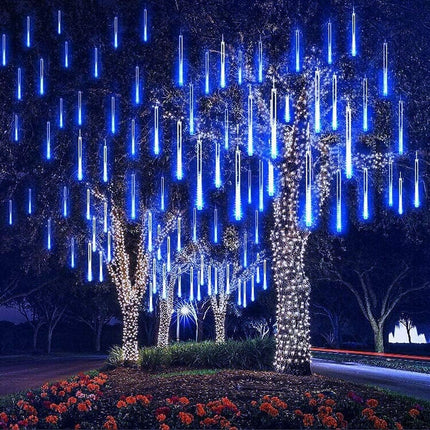 Meteor Shower Lights Outdoor Christmas Lights UL Falling Rain Drop Lights Snowfall Icicle Cascading String Lights for Xmas Holiday Tree Garden Decor Blue, 12Inch 8Tubes