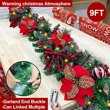 Remote Control - 9 Ft by 10 Inch Christmas Garland with 50 LED Lights Timer 8 Mode 300 Thick Snowy Tips 18 Pinecones 198 Berries 5 Poinsettia 4 Balls Battery Operated Outdoor Cedar Garland Xmas Decor