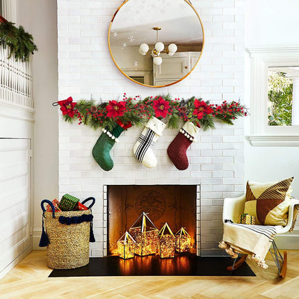 Artiflr Berry Christmas Garland, 5.3 Ft Artificial Poinsettia Garland with Red Berries and Holly Leaves, Pine Cone Garland for Christmas Holiday Party Decorations