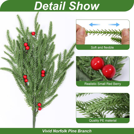 Artificial Faux Christmas Norfolk Pine Evergreen Stems Branches for Vases,12 Bundles Fake Green Real Touch Feel Greenery Stem with Berry for Xmas Holiday Winter Table Indoor Decoration