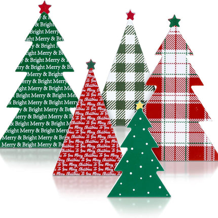Whaline 5Pcs Wooden Christmas Tree Tabletop Decoration 3 Sizes Red Green Plaid Xmas Tree Table Centerpieces Rustic Sanding Christmas Tree Wood Sign for Home Office Fireplace Farmhouse