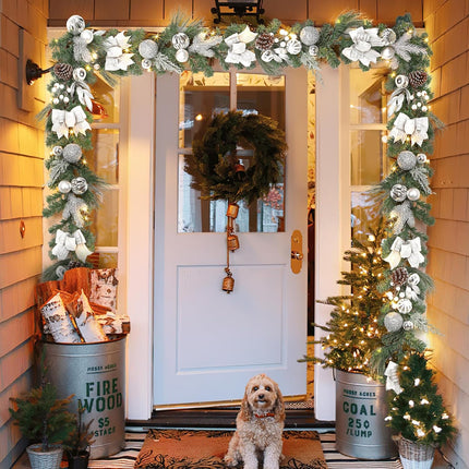 Adeeing 6FT Christmas Garland with Lights, Xmas Battery Operated Artificial Rattan with Classic Silver Decorations, Xmas Garland for Home Indoor Fireplace Mantle Outdoor Decor, Silver