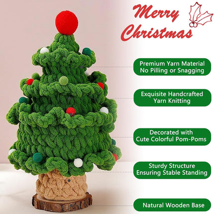 Mini Small Christmas Tree Handcrafted Knit Yarn Tabletop Christmas Trees with Adorable Pom Poms Wood Base Xmas Eve Festive Desktop Decor Cute Warm Holiday Accent Unique Handmade Idea
