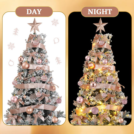 Poen 108 Pcs Christmas Tree Ornament Set Including Xmas Tree Ball Glitter Poinsettia Bows Berries Stems Leaves Snowflakes Ribbon Lights for Christmas Decoration(Rose Gold)