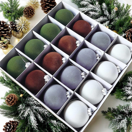 16 Pcs Velvet Christmas Balls Ornaments, 3.15" Shatterproof Flocked Christmas Tree Ornaments, Velvet Christmas Ornaments Xmas Tree Balls, Christmas Tree Decorations Brown Green Beige Dusty Blue