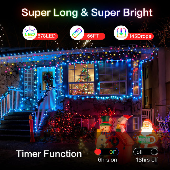 678LED Christmas Lights Outdoor, 66FT 8 Modes Icicle Lights for Outside 145 Drops Waterproof Icicle String Lights Plug in Connectable Hanging Lights for Outdoor Roof Indoor House Decor, Multicolor