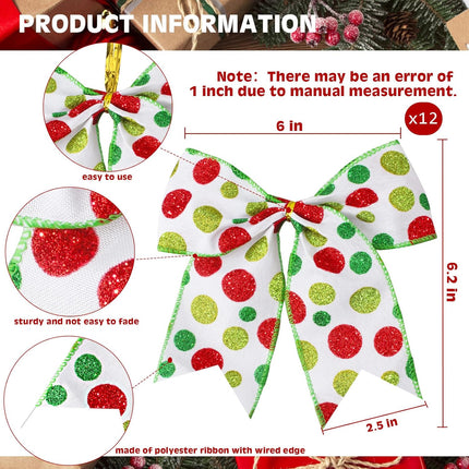 12 Pcs Red Green Christmas Bows,6 Inch Large Christmas Wreaths Bows for Tree Wrapping Garland,Christmas Decoration Holiday Party Crafts Xmas Tree Ribbon Ornaments (Glitter dot-Green)