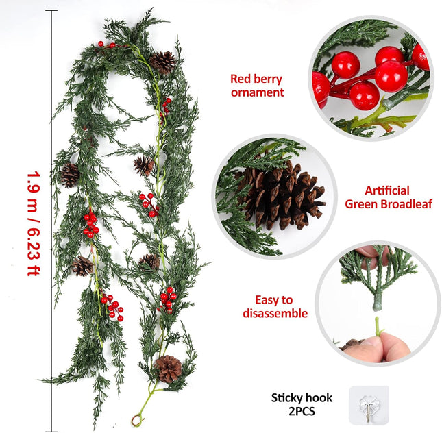 RECUTMS Christmas Garland Greenery Outdoor Pine Garland,Christmas WreathDecorations for The Home Mantle Garland Xmas Holiday Decoration Indoor (Pine Cones)