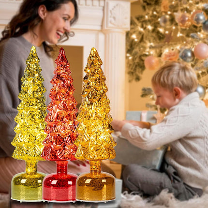 Mercury Glass Christmas Tree Decor, Rotating Glass Christmas Trees for Tabletop, Christmas Centerpiece for Tables Display Party Indoor Home Decor, Battery Operated Table Lamp with Timer (Green)