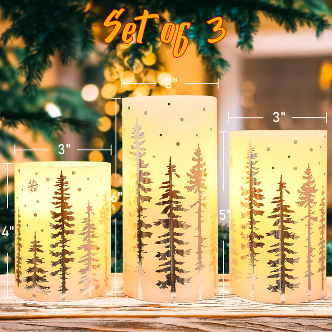 Christmas LED Flameless Candles Battery Operated, Hot Stamping Silver Xmas Tree LED Flickering Candles with Remote and Timer, Holiday Decorative LED Pillar for Xmas, Party, Bedroom