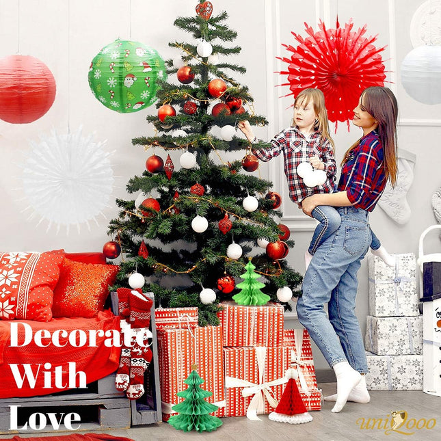 UNIQOOO 14PCS Assorted 3D Christmas Honeycomb Paper Lantern Decoration Garland Set,Celling Hanging Tissue Pine Tree Star, Santa Hat,Snowflake Fan,Japanese Lanterns for Holiday XMAS Party Banner Supply