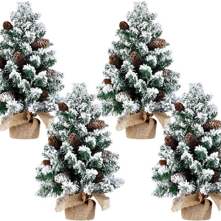 Soaoo 4 Pcs Mini Artificial Snowy Christmas Tree Christmas Table Centerpieces Small Snow Flocked Pine Cone Xmas Tree with Burlap Base for Christmas Holiday Party Tabletop Home Decor, 22 Inch