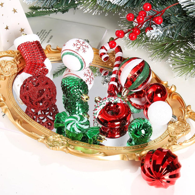 125 Pcs Christmas Tree Ornaments Set, Red Green White Christmas Ornaments Shatterproof Christmas Decorations with Star Toppers Assorted Decorative Hanging Balls for Xmas Tree Home Holiday Party