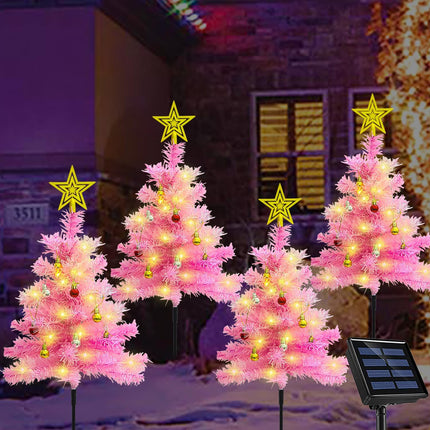 4-Pack Pink Solar Christmas Tree Outdoor Christmas Decorations, 80 LED Xmas Tree Solar Christmas Lights, Waterproof Small Pink Christmas Tree with Ball Ornaments for Front Porch,Patio, Yard, Pathway