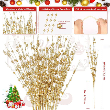 N&T NIETING 20 Pack Artificial Glitter Golden Berries Christmas Decor 15.7 Inchs Christmas Picks Tree Sticks Glitter Sticks for DIY Wreath Crafts Fireplace Holiday Home Decoration Wedding