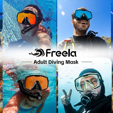 Freela Adult Dry Snorkel Set with Mirrored Lens Anti-Fog 180° Wide View Anti-Fog, Scuba Diving Mask with Nose Cover, Snorkeling Gear for Men Women - Green with Blue