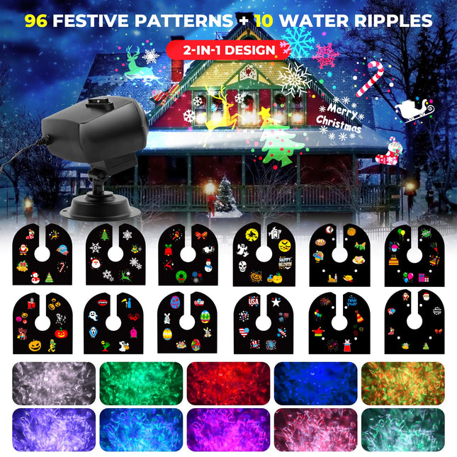 est Designed Halloween Christmas Projector Lights Outdoor Waterproof,15W Brighter HD Ocean Wave Effect,12 Slides 96 No Fade Pictures for Thanksgiving, Year LED Projector Decoration