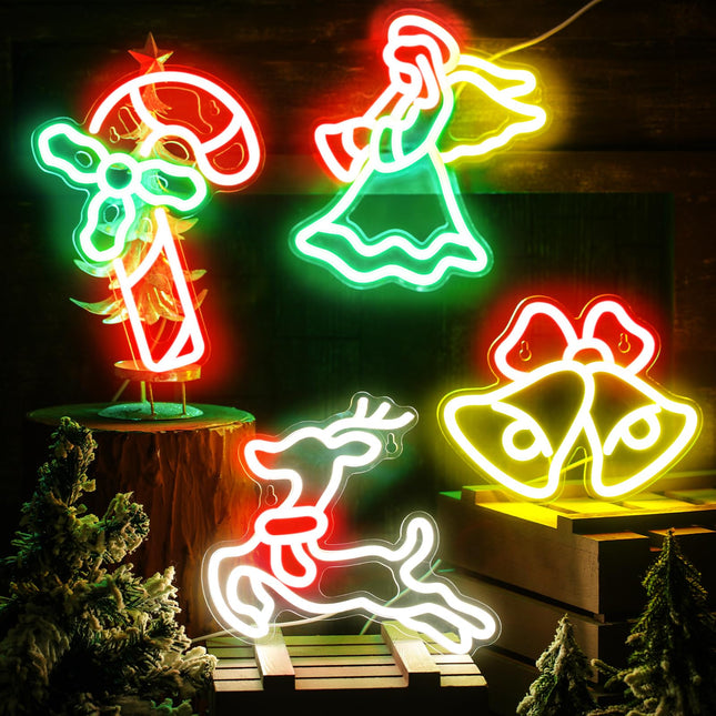 Retisee 4 Pcs Christmas Neon Sign Window Lights Decor, LED Neon Wall Decor, USB Powered Neon Light, Winter Decor for Christmas Party Home Bedroom Office Table Art s, Elk, Bells, Candy