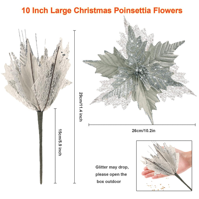 10'' Large Christmas Glitter Poinsettia Flowers Decorations, 10 Pcs Christmas Tree Picks Ornaments Artificial Flowers with Long Stems for Xmas Tree Wreath Garland Wedding Party DIY Holiday Decor
