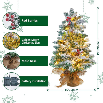 Small Mini Table top Christmas Tree with 50 LED Lights 24 Inch /2FT Little Prelit Christmas Tree Decorated Boxes and Hanging Ornaments for DIY Christmas Decoration (Flocked)