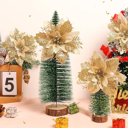 DEEMEI Christmas Poinsettia Artificial Flowers Christmas Tree Wreaths Garland Decoration 15 Pcs 5.5" Glitter Flowers Picks Decor for Xmas Year Wedding Party Ornaments Gold