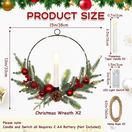 2Pack 16inch Christmas Wreath with Taper Candle Lights Christmas Wreath Outdoor Prelit Christmas Wreath for Front Door Porch Fireplace Christmas Window Door Decorations