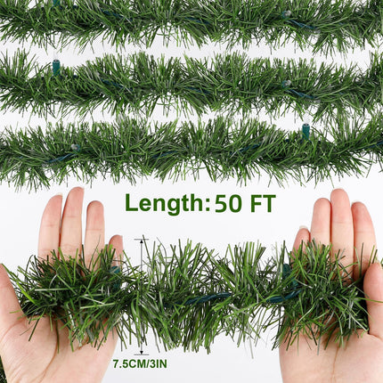 Biswing 50FT Pre-lit Christmas Green Garland, Lighted Artificial Pine Garlands with 100 Count Clear Incandescent Mini Lights, Light Up for Indoor Outdoor Gate Home Winter Holiday Year Decorations