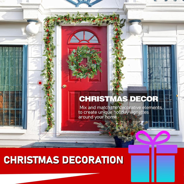 6FT Artificial Christmas Wreath with LED String Lights, Battery Operated, Berry/Eucalyptus Leaf/Pine Needle Green Wreath for Mantel Holiday Decorations Glow in The Dark Christmas Garland