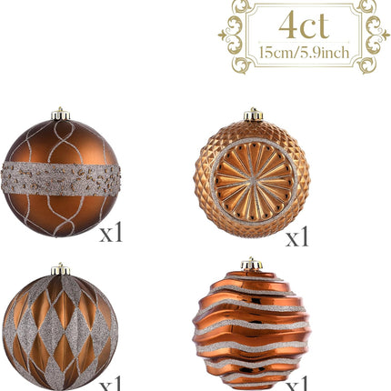 Valery Madelyn Ornaments for Christmas Trees, 4ct Bronze Copper and Gold Shatterproof Fall Christmas Tree Decorations, 5.9 Inches Luxury Brown Hanging Ball Ornaments Bulk for Xmas Holiday Decor