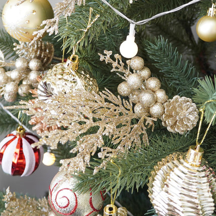 Winlyn 12 Pcs Christmas Artificial Pine Branches Champagne Glitter Pine Needles with Pinecone and Berries Christmas Floral Picks 14.2" for Champagne Christmas Tree Wreaths Centerpieces Holiday Décor